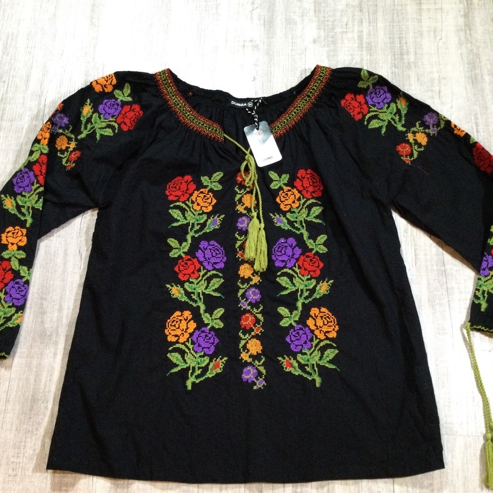 Durga Womens Size Medium Long Sleeve Needlework Tassel Floral Blouses In Black